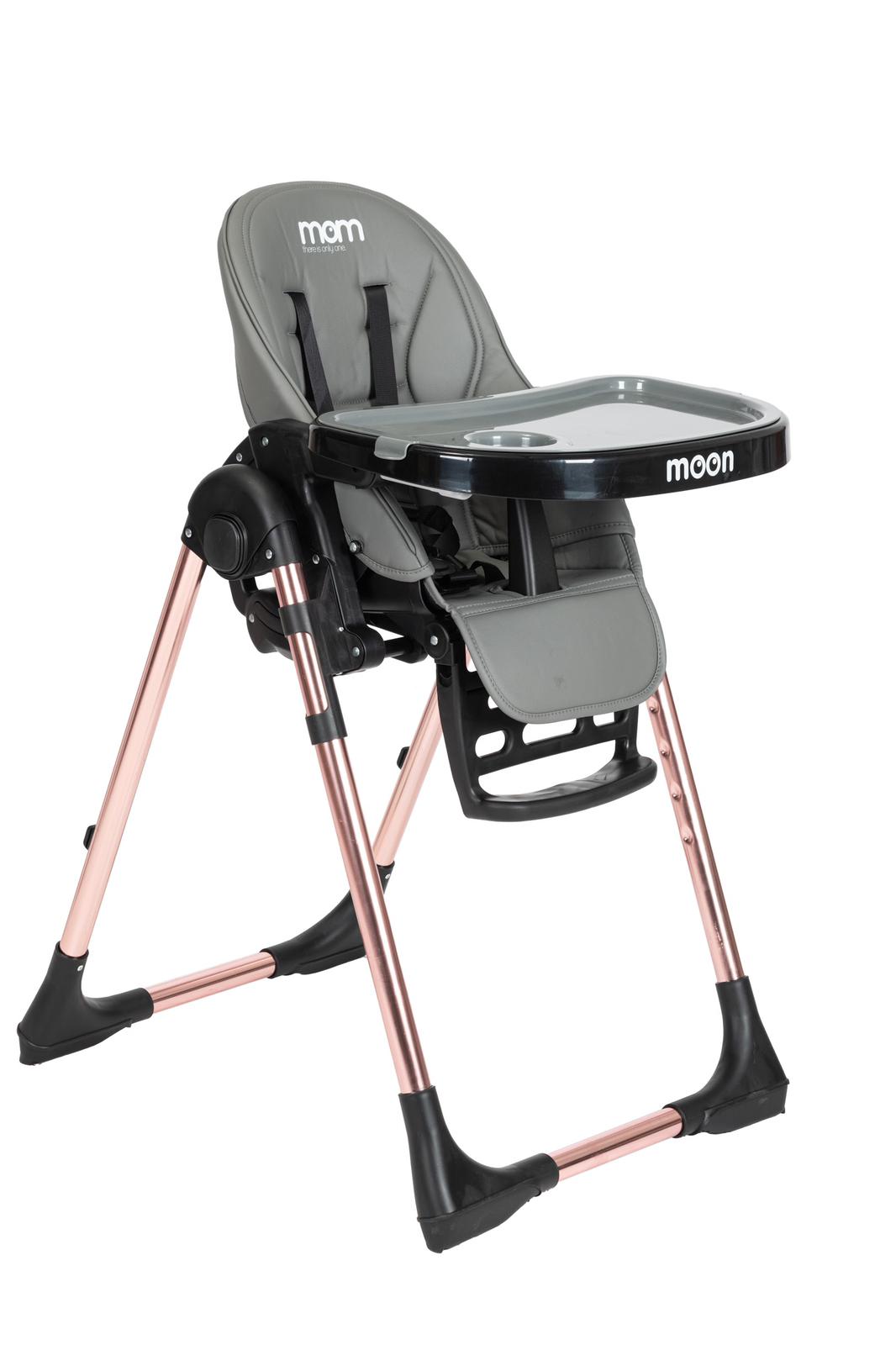 כסא אוכל MOON ROSE GOLD בריפוד דמוי עור בצבע שחור ומגש לבן שלד רוז גולד mom - רוז גולד אפור