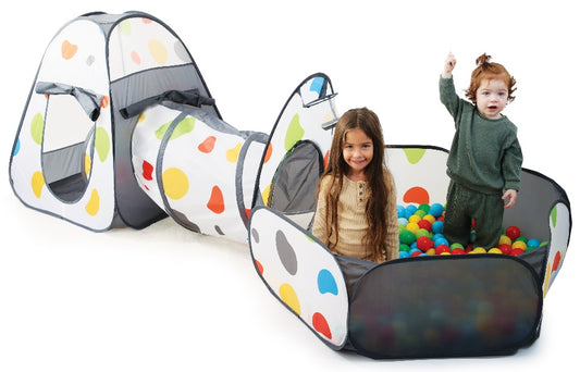 סט המשחקים המושלם - אוהל עם בריכת כדורים ומנהרת זחילה + 50 כדורים - אפור I'am toys