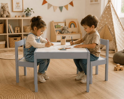 סט שולחן ושני כסאות מעץ חזק - אפור